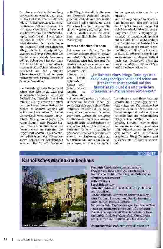 Vorschauseite 3: Die demografische Entwicklung gibt den Kurs vor Das Katholische Marienkrankenhaus in Hamburg hat mit seinen Demenzkonzepten Vorbildcharakter