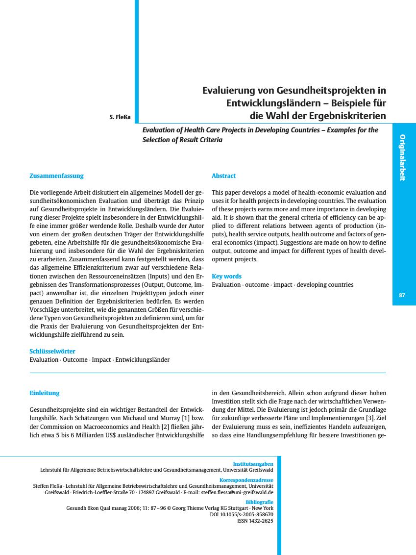 Vorschauseite 1: Evaluierung von Gesundheitsprojekten in Entwicklungsländern - Beispiele für die Wahl der Ergebniskriterien