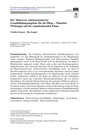 Vorschauseite 1: Der Mehrwert arbeitsorientierter Grundbildungsangebote für die Pflege – Monetäre Wirkungen auf der organisationalen Ebene