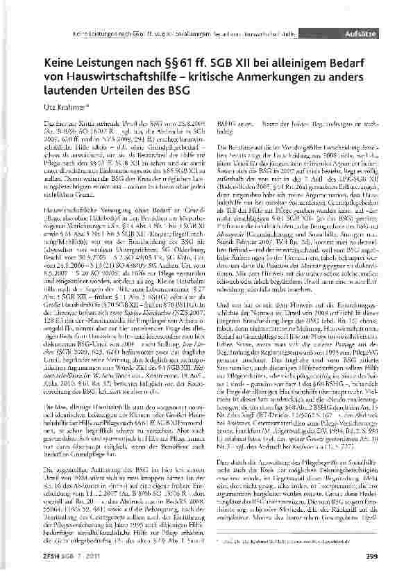 Vorschauseite 1: Keine Leistungen nach §§61 ff. SGB XII bei alleinigem Bedarf von Hauswirtschaftshilfe - kritische Anmerkungen zu anders lautenden Urteilen des BSG