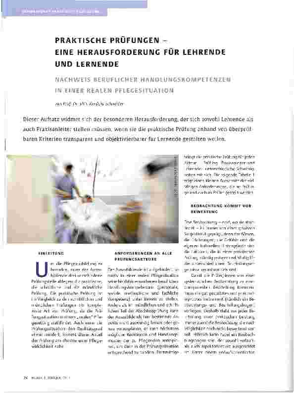 Vorschauseite 1: PRAKTISCHE PRÜFUNGEN -EINE HERAUSFORDERUNG FÜR LEHRENDE UND LERNENDENACHWEIS BERUFLICHER HANDLUNGSKOMPETENZEN IN EINER REALEN PFLEGESITUATION