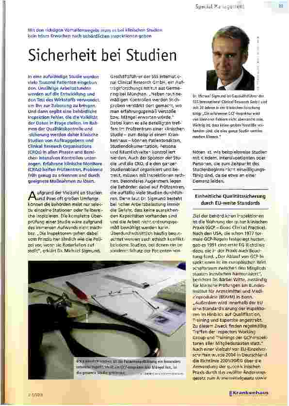 Vorschauseite 1: Mit den richtigen Verhaltensregeln muss es bei klinischen Studien kein böses Erwachen nach behördlichen Inspektionen gebenSicherheit bei Studien