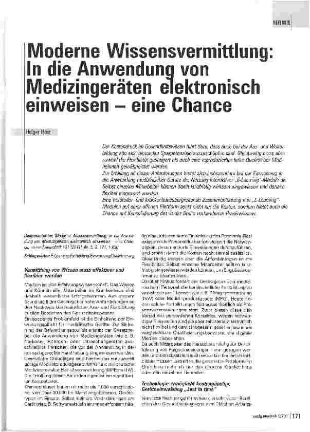 Vorschauseite 1: Moderne Wissensvermittlung: In die Anwendung von Medizingeräten elektronisch einweisen -eine Chance