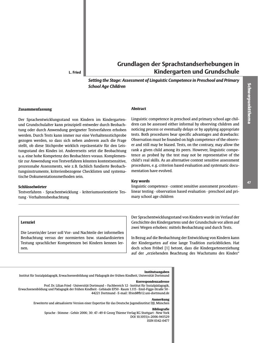 Vorschauseite 1: Grundlagen der Sprachstandserhebungen in Kindergarten und Grundschule