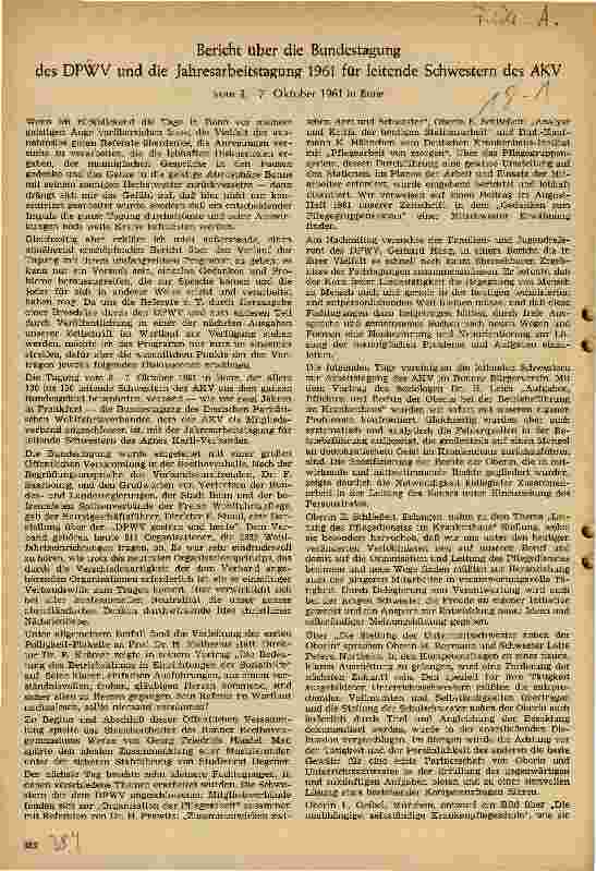 Vorschauseite 1: Bericht über die Bundestagung des DPWV und die Jahresarbeitstagung 1961 für leitende Schwestern des AKV (3.-7. Okt. 1961)