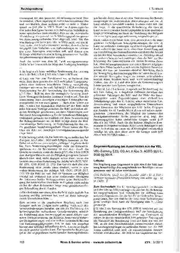 Vorschauseite 1: Gegenwertzahlung bei Ausscheiden aus der VBLVBL-Satzung §23; GG Art. 9 Abs. 3; AGBG §§9 ff.; BGB §§305 ff.