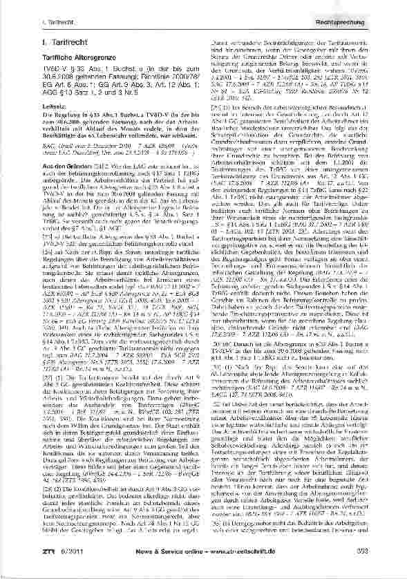 Vorschauseite 1: Tarifliche Altersgrenze TVöD-V § 33 Abs. 1 Buchst, a (in der bis zum30.6.2008 geltenden Fassung); Richtlinie 2000/78/EG Art. 6 Abs. 1; GG Art. 9 Abs. 3, Art. 12 Abs. 1; AGG§10Satz…