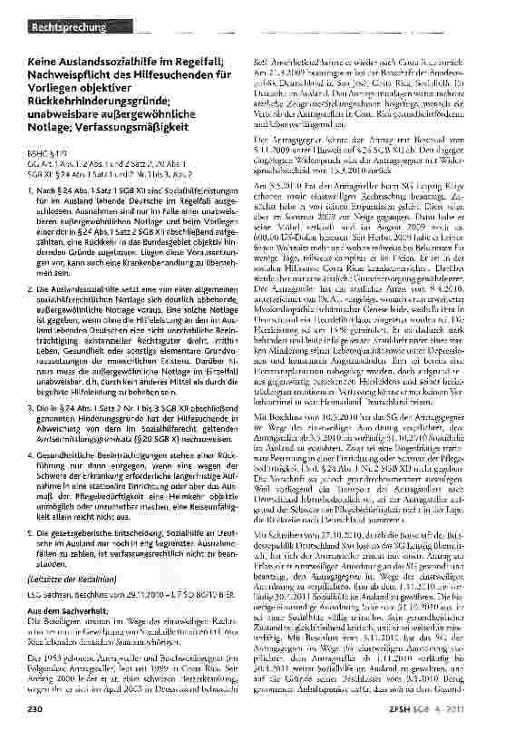 Vorschauseite 1: Keine Auslandssozialhilfe im Regelfall; Nachweispflicht des Hilfesuchenden für Vorliegen objektiver Rückkehrhinderungsgründe; unabweisbare außergewöhnliche Notlage; Verfassungsmäß…