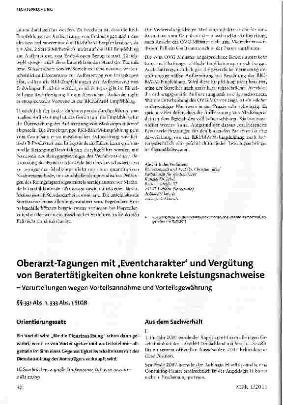 Vorschauseite 1: Oberarzt-Tagungen mit Eventcharakter und Vergütung von Beratertätigkeiten ohne konkrete Leistungsnachweise-Verurteilungen wegen Vorteilsannahme und Vorteilsgewährung