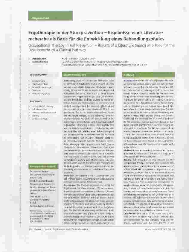 Vorschauseite 1: Ergotherapie in der Sturzprävention Ergebnisse einer Literaturrecherche als Basis für die Entwicklung eines Behandlungspfades