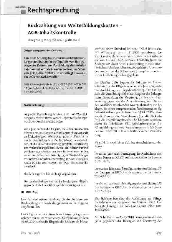 Vorschauseite 1: Rückzahlung von Weiterbildungskosten AGB-Inhaltskontrolle BGB § 133, § 157, § 307 Abs. 1, § 310 Abs. 3