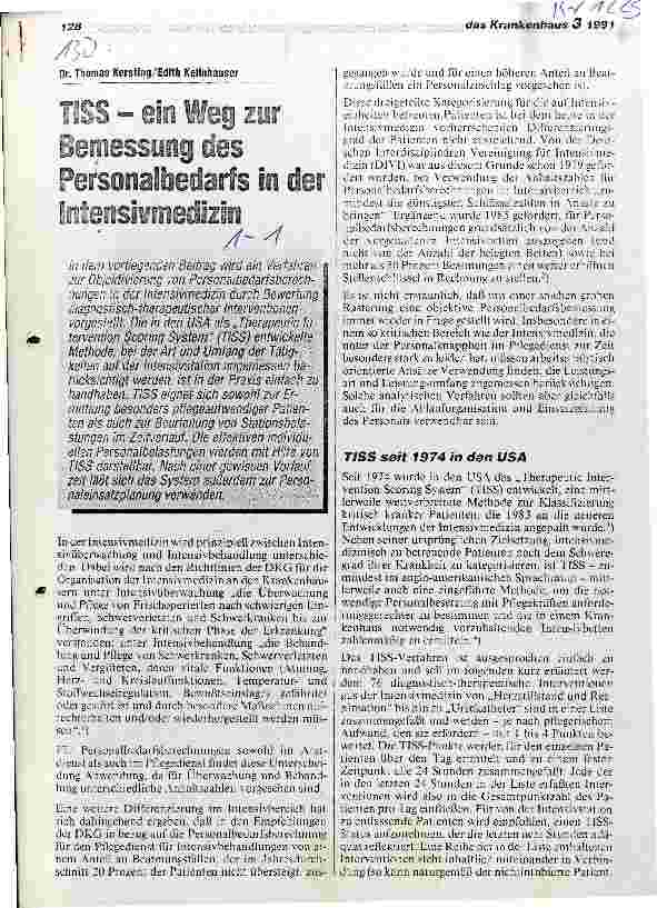Vorschauseite 1: TISS - ein Weg zur Bemessung des Personalbedarfs in der Intensivmedizin