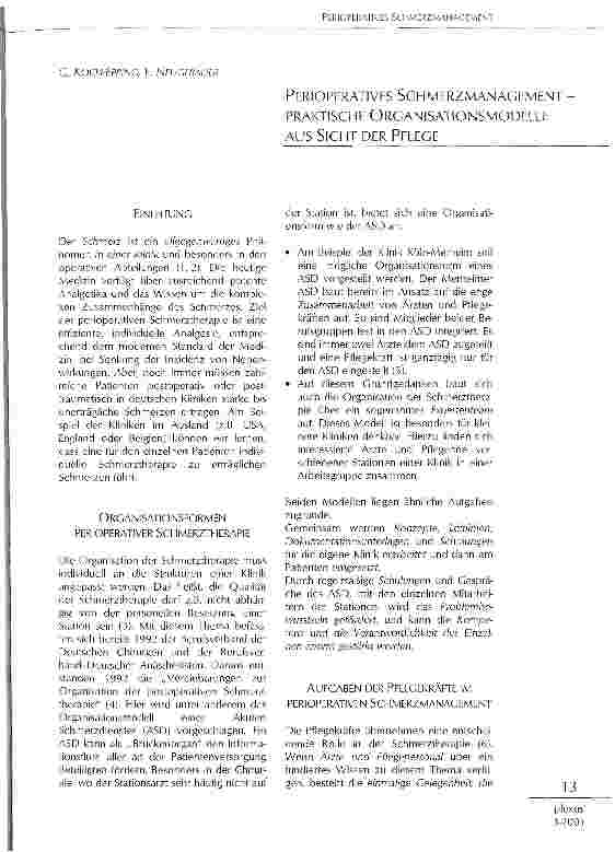 Vorschauseite 1: Perioperatives Schmerzmanagement - praktische Organisationsmodelle aus Sicht der Pflege