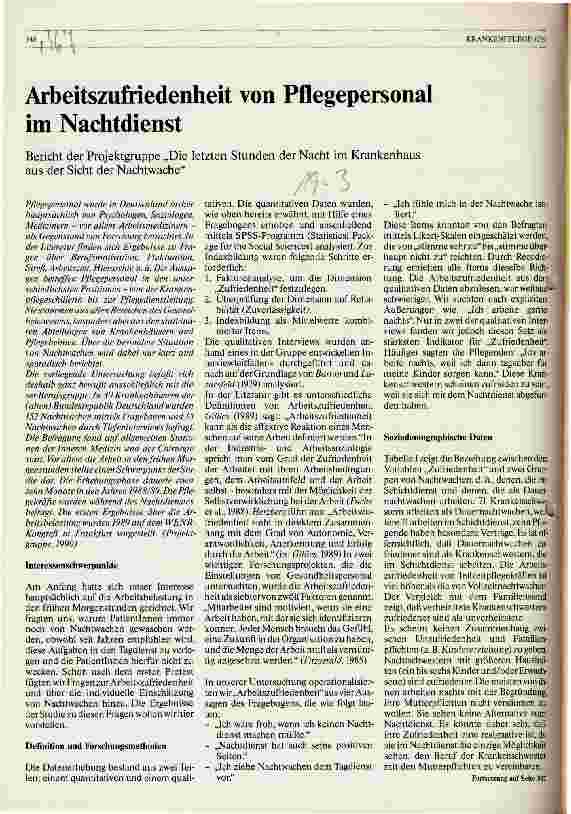 Vorschauseite 1: Arbeitszufriedenheit von Pflegepersonal im Nachtdienst - Bericht der Projektgruppe Die letzten Stunden der Nacht im Krankenhaus. ..