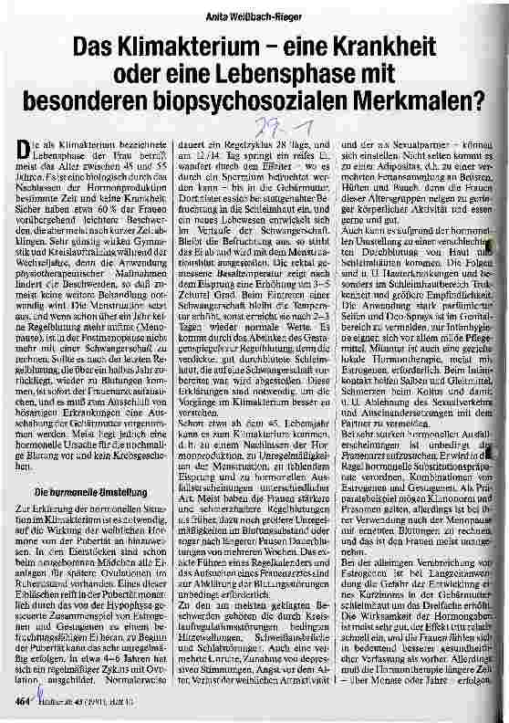 Vorschauseite 1: Das Klimakterium - eine Krankheit oder eine Lebensphase mit besonderen biopsychosozialen Merkmalen?
