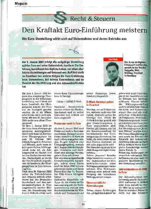 Vorschauseite 1: Den Kraftakt Euro-Einführung meistern Die Euro-Umstellung wirkt sich auf Unternehmer und deren Betriebe aus