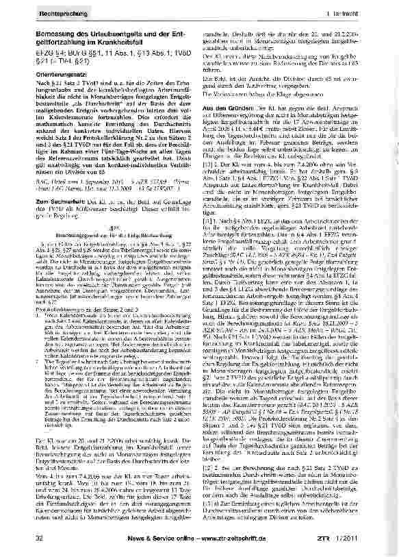 Vorschauseite 1: Bemessung des Urlaubsentgelts und der Entgeltfortzahlung im KrankheitsfallEFZG §4; BUrIG §§1, 11 Abs. 1, §13 Abs. 1; TVöD §21 (=TV-L§21)