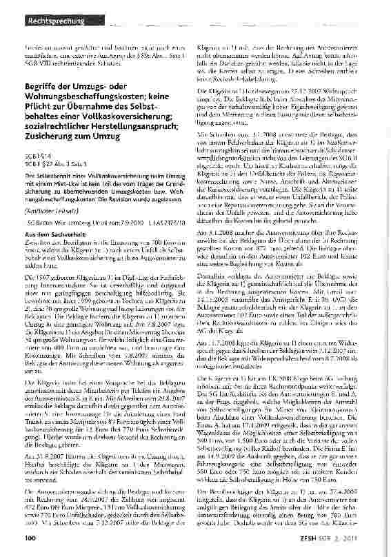 Vorschauseite 1: Begriffe der Umzugsoder Wohnungsbeschaffungskosten; keine Pflicht zur Übernahme des Selbstbehaltes einer Vollkaskoversicherung; sozialrechtlicher Herstellungsanspruch; Zusicherung…