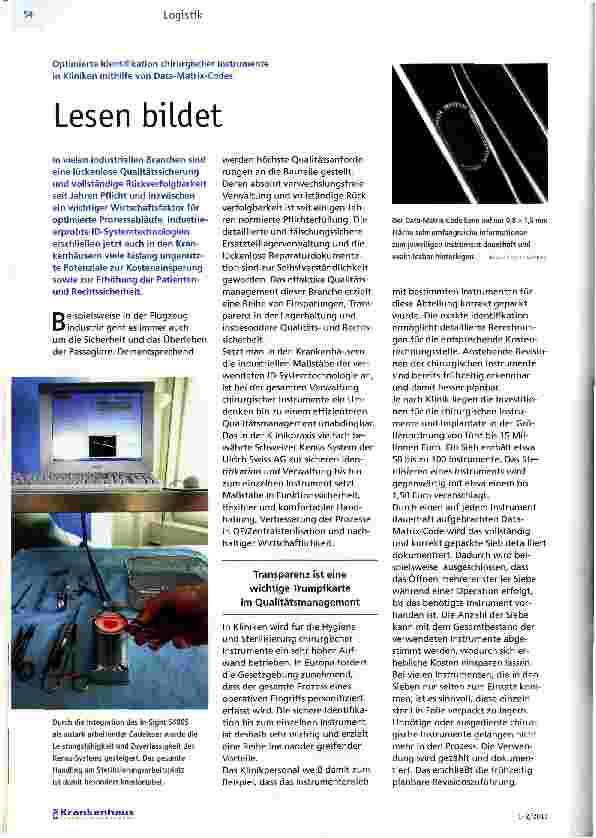 Vorschauseite 1: Optimierte Identifikation chirurgischer Instrumente in Kliniken mithilfevon Data-Matrix-CodesLesen bildet