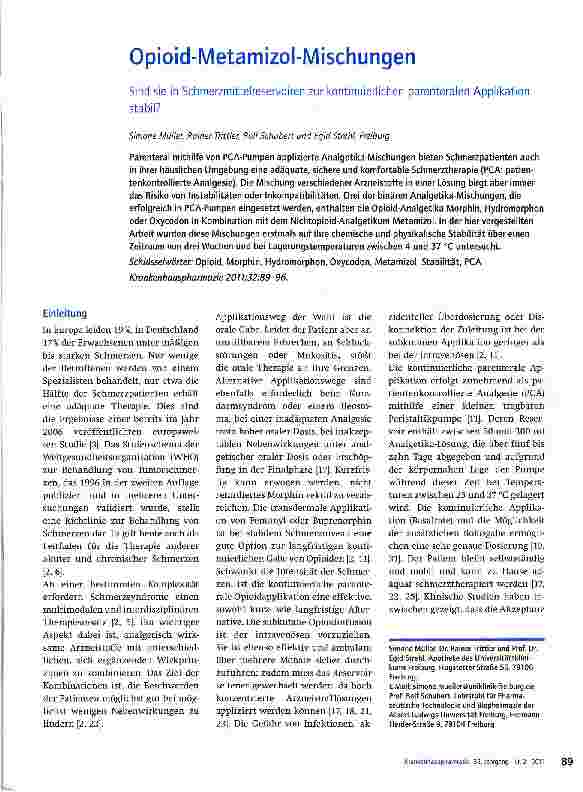 Vorschauseite 1: Opioid-Metamizol-MischungenSind sie in Schmerzmittelreservoiren zur kontinuierlichen parenteralen Applikationstabil?