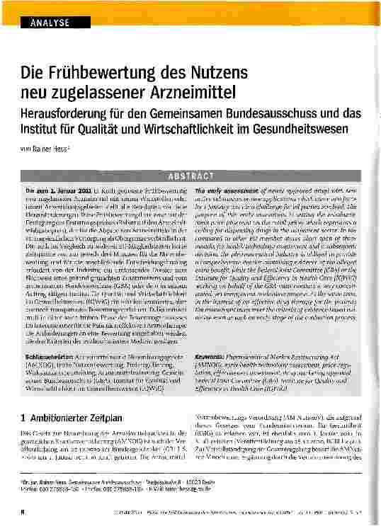 Vorschauseite 1: Die Frühbewertung des Nutzens neu zugelassener ArzneimittelHerausforderung für den Gemeinsamen Bundesausschuss und das Institut für Qualität und Wirtschaftlichkeit im Gesundheitsw…