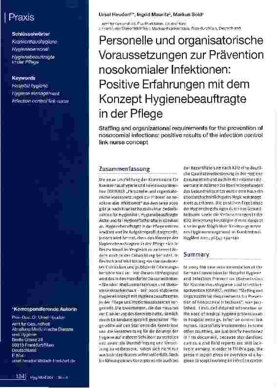 Vorschauseite 1: Personelle und organisatorische Voraussetzungen zur Prävention nosokomialer Infektionen: Positive Erfahrungen mit dem Konzept Hygienebeauftragte in der Pflege