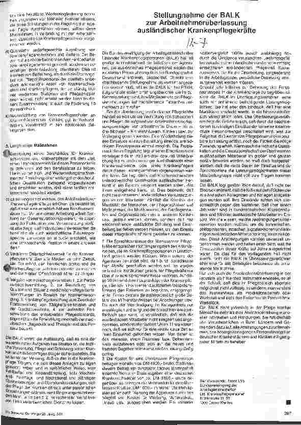 Vorschauseite 1: Stellungnahme der BALK zur Arbeitnehmerüberlassung ausländischer Krankenpflegekräfte