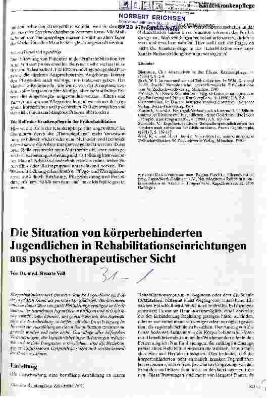 Vorschauseite 1: Die Situation von körperbehinderten Jugendlichen in Rehabilitationseinrichtungen aus psychotherapeutischer Sicht