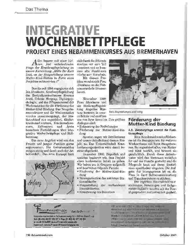 Vorschauseite 1: INTEGRATIVE WOCHENBETTPFLEGEPROJEKT EINES HEBAMMENKURSES AUS BREMERHAVEN