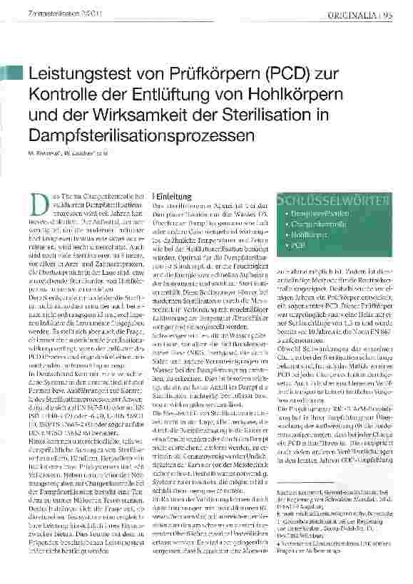 Vorschauseite 1: Leistungstest von Prüfkörpern (PCD) zur Kontrolle der Entlüftung von Hohlkörpern und der Wirksamkeit der Sterilisation in Dampfsterilisationsprozessen