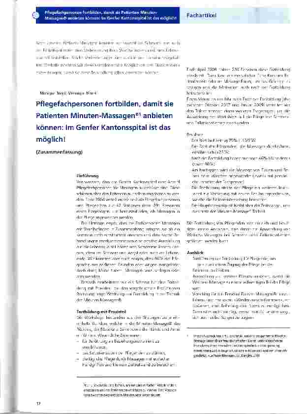 Vorschauseite 1: Pflegefachpersonen fortbilden, damit sie Patienten Minuten-Massagen®1 anbieten können: Im Genfer Kantonsspital ist das möglich!
