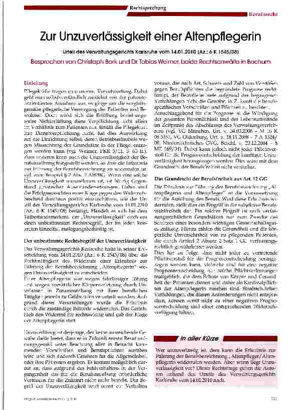 Vorschauseite 1: Zur Unzuverlässigkeit einer Altenpflegerin