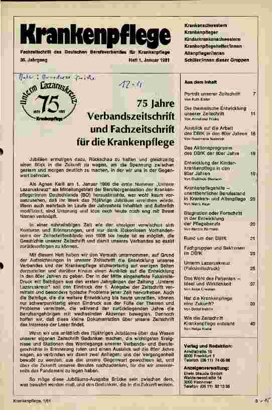 Vorschauseite 1: 75 Jahre Verbandszeitschrift und Fachzeitschrift für die Krankenpflege