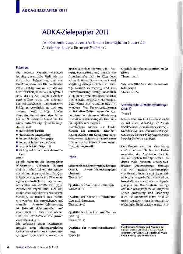 Vorschauseite 1: ADKA-Zielepapier2011„Wir Krankenhausapotheker schaffen den bestmöglichen Nutzen der Arzneimitteltherapie für unsere Patienten.
