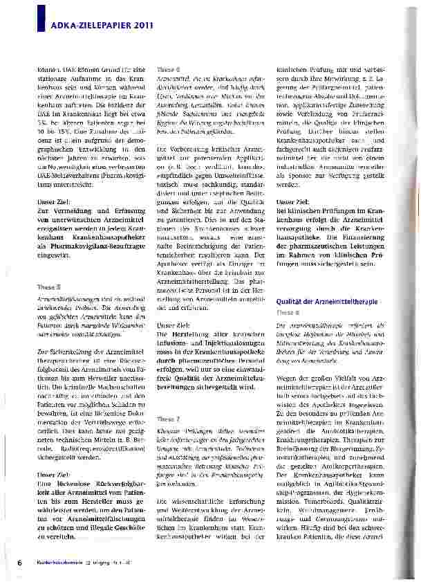 Vorschauseite 3: ADKA-Zielepapier2011„Wir Krankenhausapotheker schaffen den bestmöglichen Nutzen der Arzneimitteltherapie für unsere Patienten.