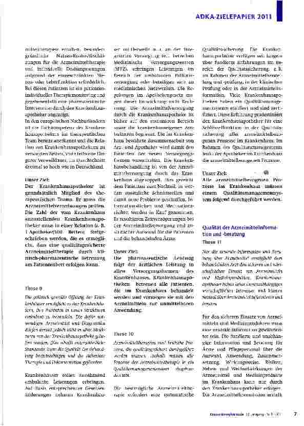 Vorschauseite 4: ADKA-Zielepapier2011„Wir Krankenhausapotheker schaffen den bestmöglichen Nutzen der Arzneimitteltherapie für unsere Patienten.