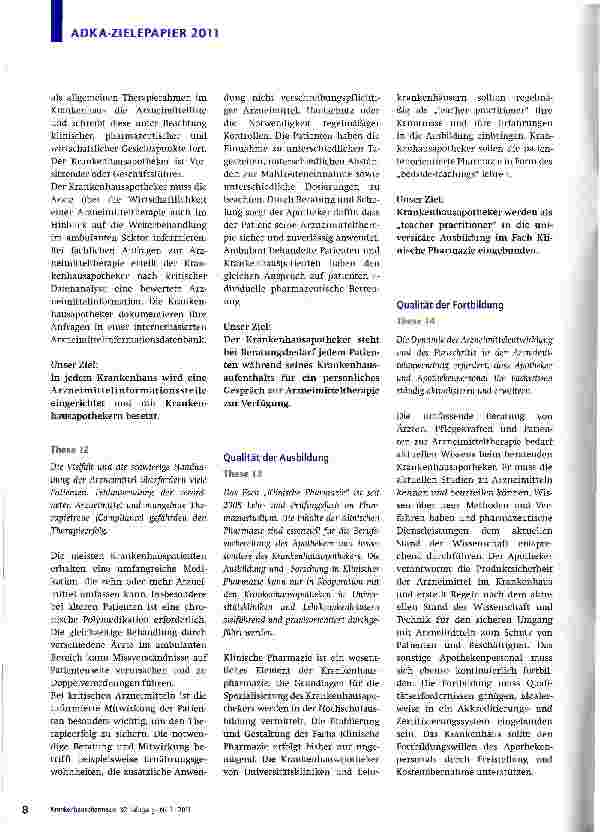 Vorschauseite 5: ADKA-Zielepapier2011„Wir Krankenhausapotheker schaffen den bestmöglichen Nutzen der Arzneimitteltherapie für unsere Patienten.