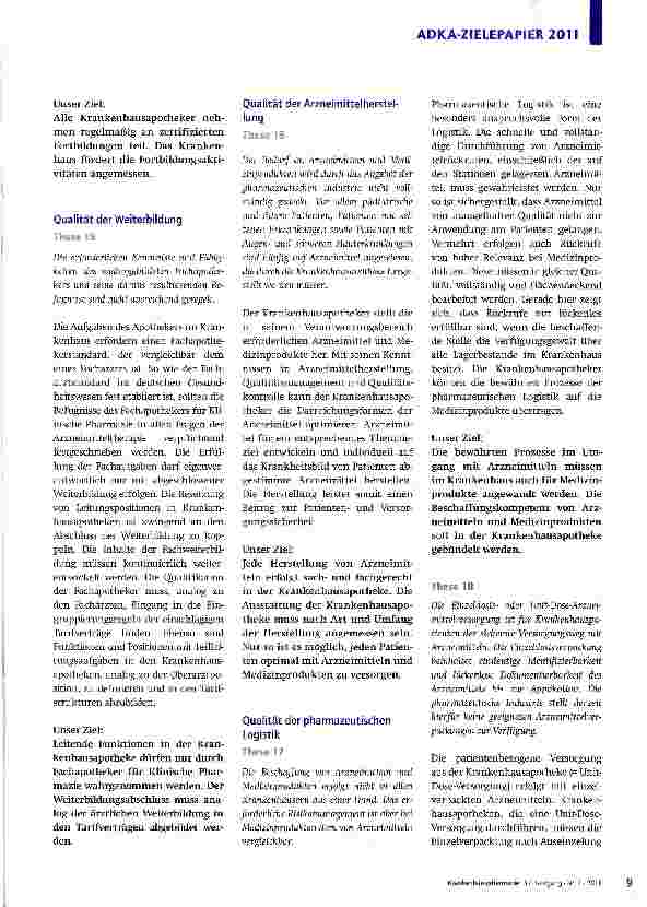 Vorschauseite 6: ADKA-Zielepapier2011„Wir Krankenhausapotheker schaffen den bestmöglichen Nutzen der Arzneimitteltherapie für unsere Patienten.