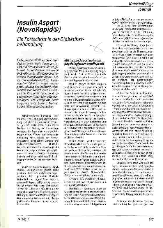 Vorschauseite 1: Insulin Aspart (Novo Rapid) Ein Fortschritt in der Diabetikerbehandlung