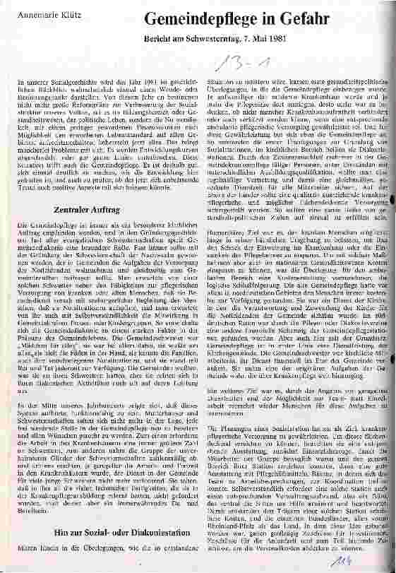 Vorschauseite 1: Gemeindepflege in Gefahr Bericht am Schwesterntag, 7. Mai 1981