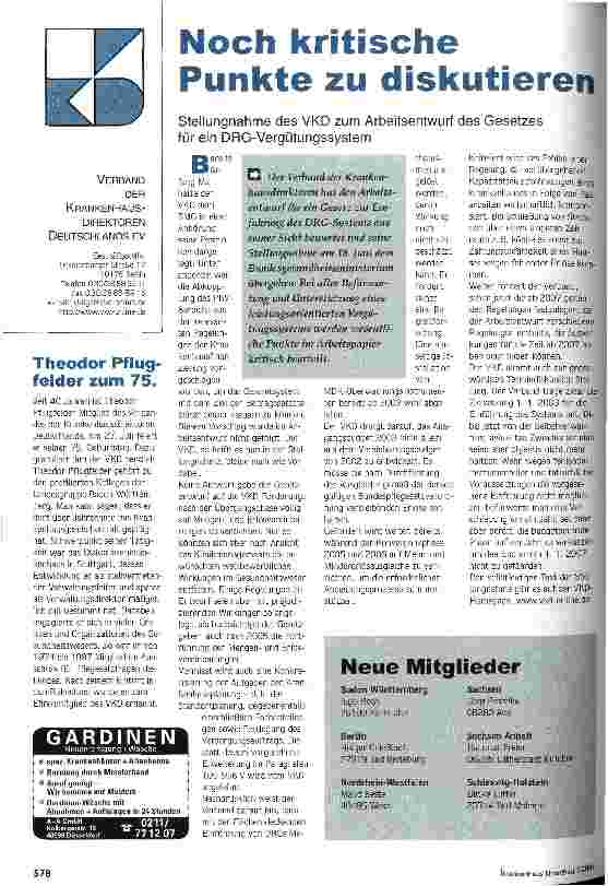 Vorschauseite 1: Noch kritische Punkte zu diskutieren Stellungnahme des VKD zum Arbeitsentwurf des Gesetzes für ein DRG-Vergütungssystem