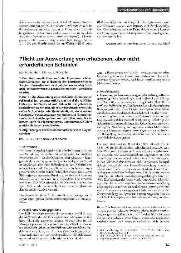 Vorschauseite 1: Pflicht zur Auswertung von erhobenen, aber nicht erforderlichen BefundenBGB §§280 Abs. 1, 823 Abs. 1; ZPO § 286