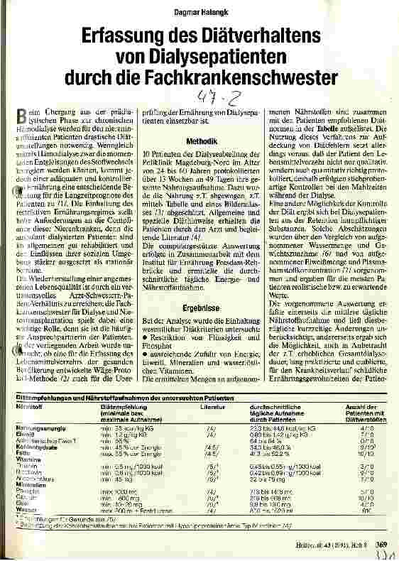 Vorschauseite 1: Erfassung des Diätverhaltens von Dialysepatienten durch die Fachkrankenschwester