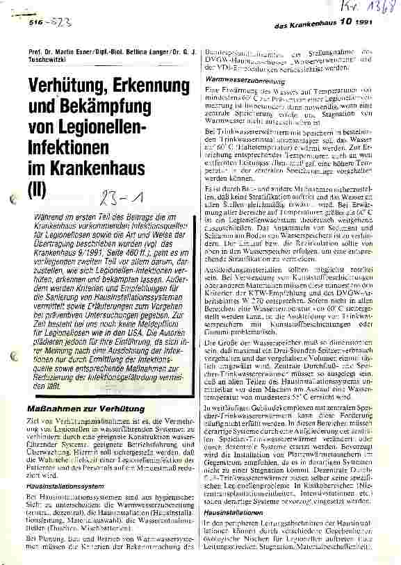 Vorschauseite 1: Verhütung, Erkennung und Bekämpfung von Legionellen-Infektionen im Krankenhaus (II)