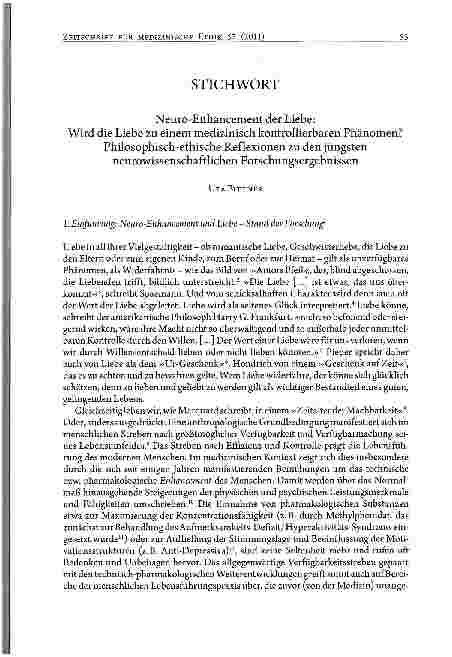 Vorschauseite 1: Neuro-Enhancement der Liebe: Wird die Liebe zu einem medizinisch kontrollierbaren Phänomen? Philosophisch-ethische Reflexionen zu den jüngstenneurowissenschaftlichen Forschungserg…