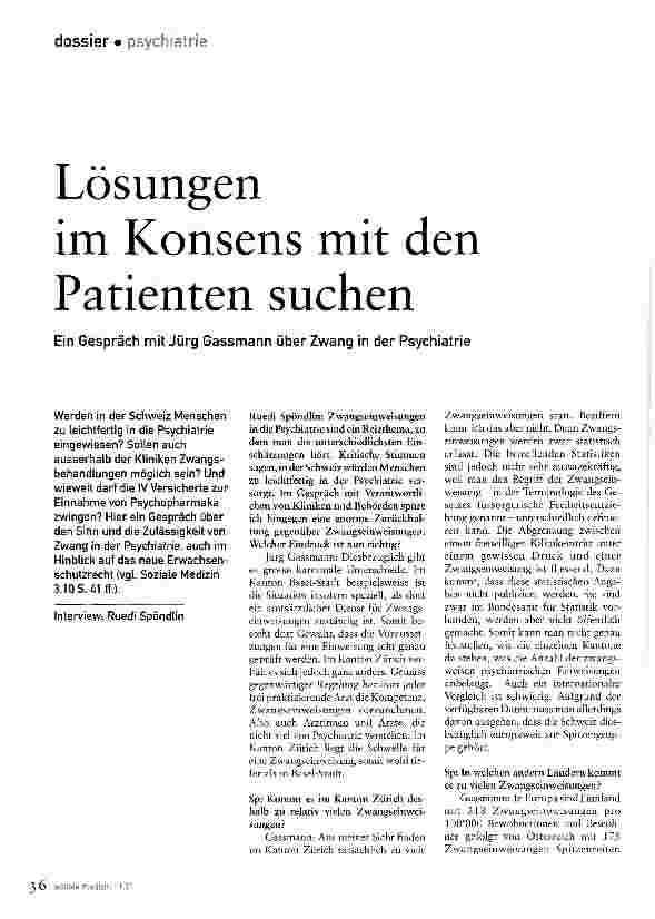 Vorschauseite 1: Lösungenim Konsens mit denPatienten suchenEin Gespräch mit Jürg Gassmann über Zwang in der Psychiatrie