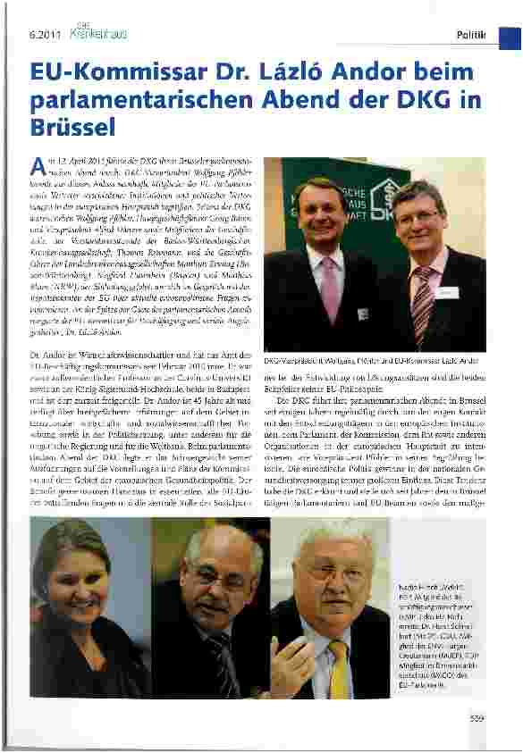 Vorschauseite 1: EU-Kommissar Dr. Lazio Andor beim parlamentarischen Abend der DKG in Brüssel