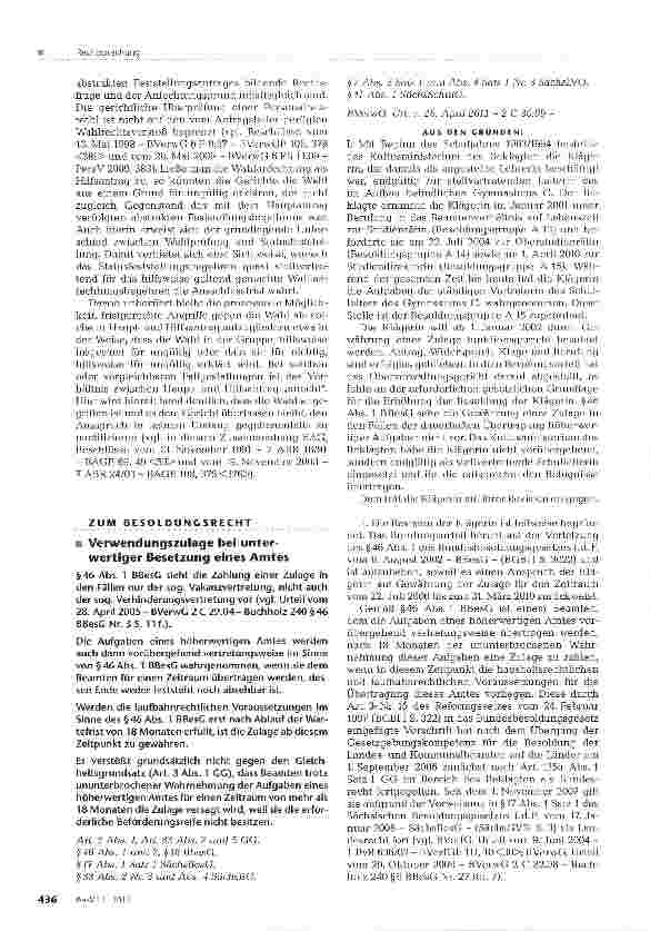 Vorschauseite 1: Verwendungszulage bei unter-wertiger Besetzung eines Amtes