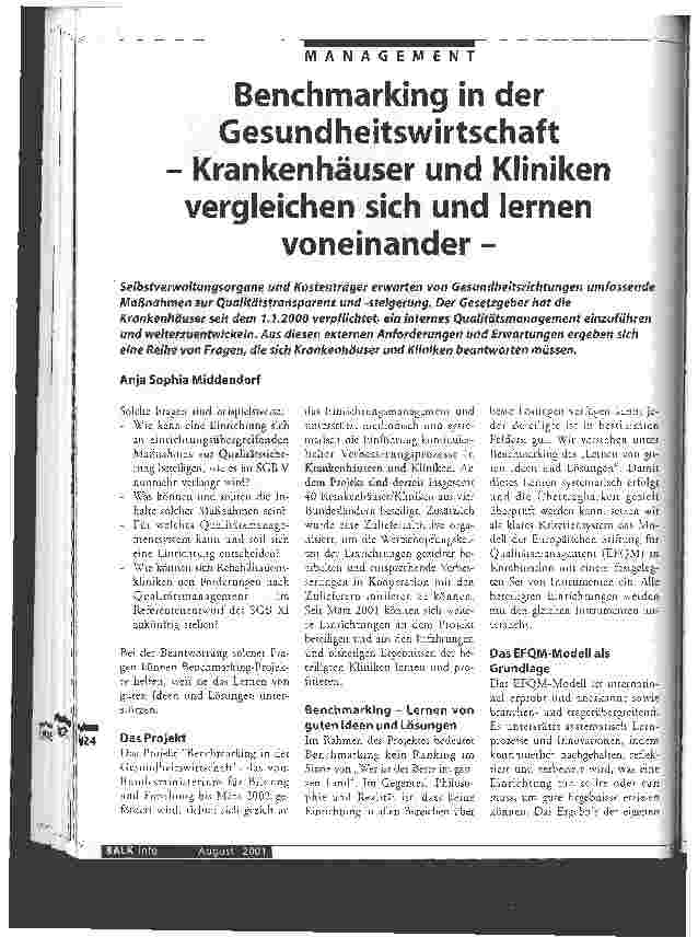 Vorschauseite 1: Benchmarking in der Gesundheitswirtschaft Krankenhäuser und Kliniken vergleichen sich und lernen voneinander