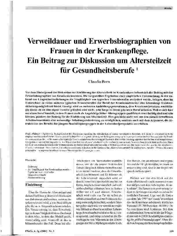 Vorschauseite 1: Verweildauer und Erwerbsbiographien von Frauen in der Krankenpflege. Ein Beitrag zur Diskussion um Altersteilzeit für Gesundheitsberufe